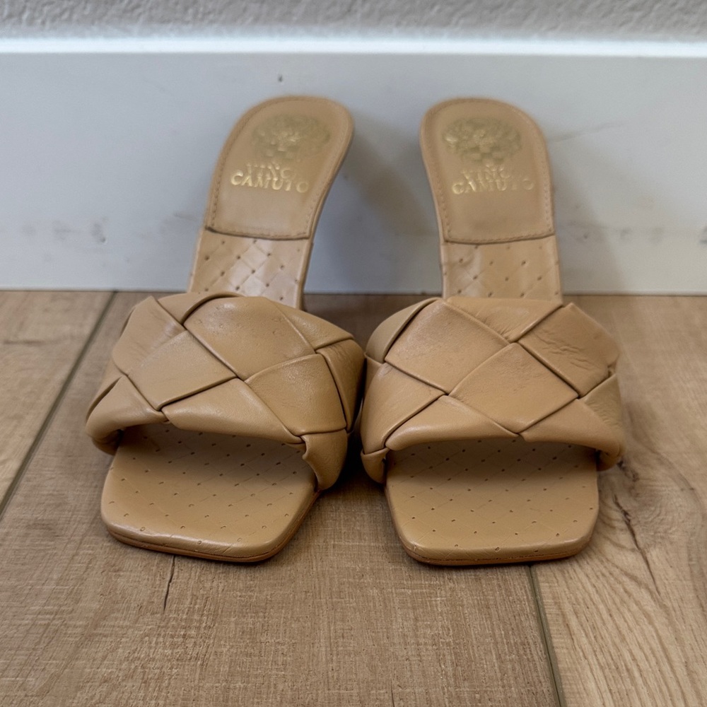 Vince Camuto Tan Braided Leather Slide Heels